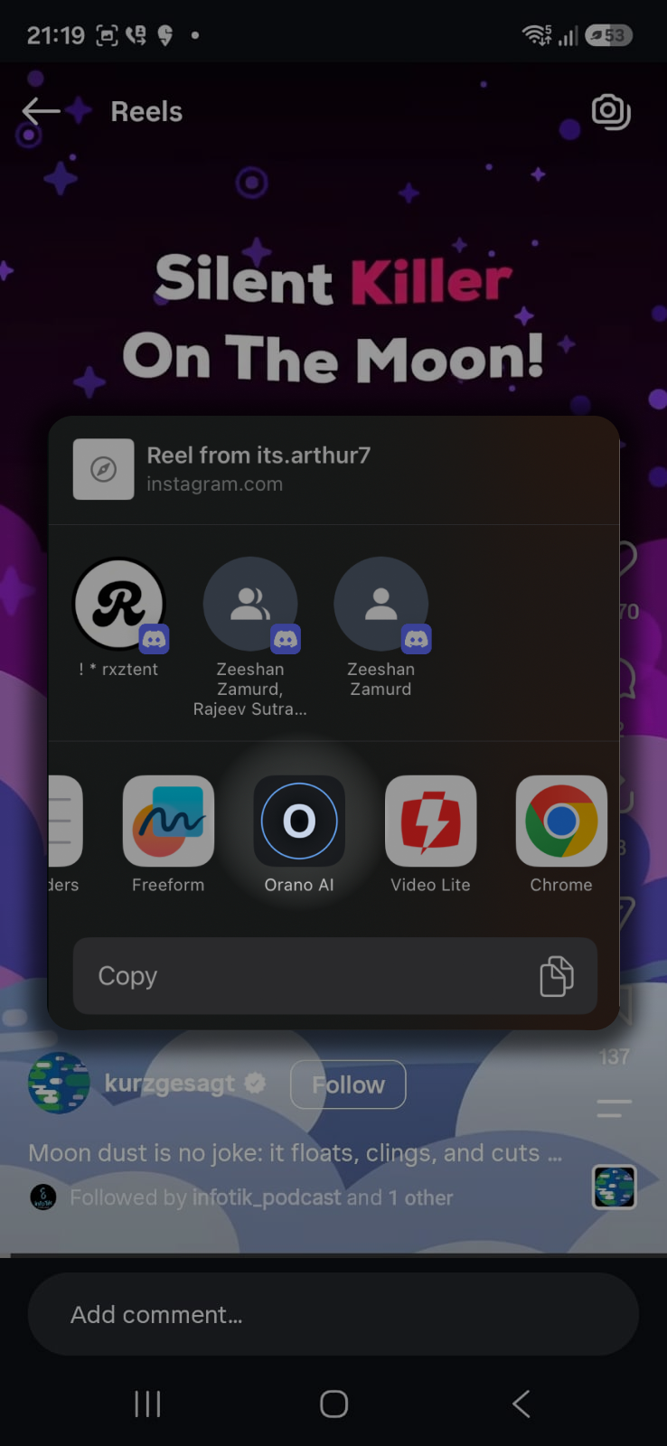 ORANO Android share flow over an Instagram Reel