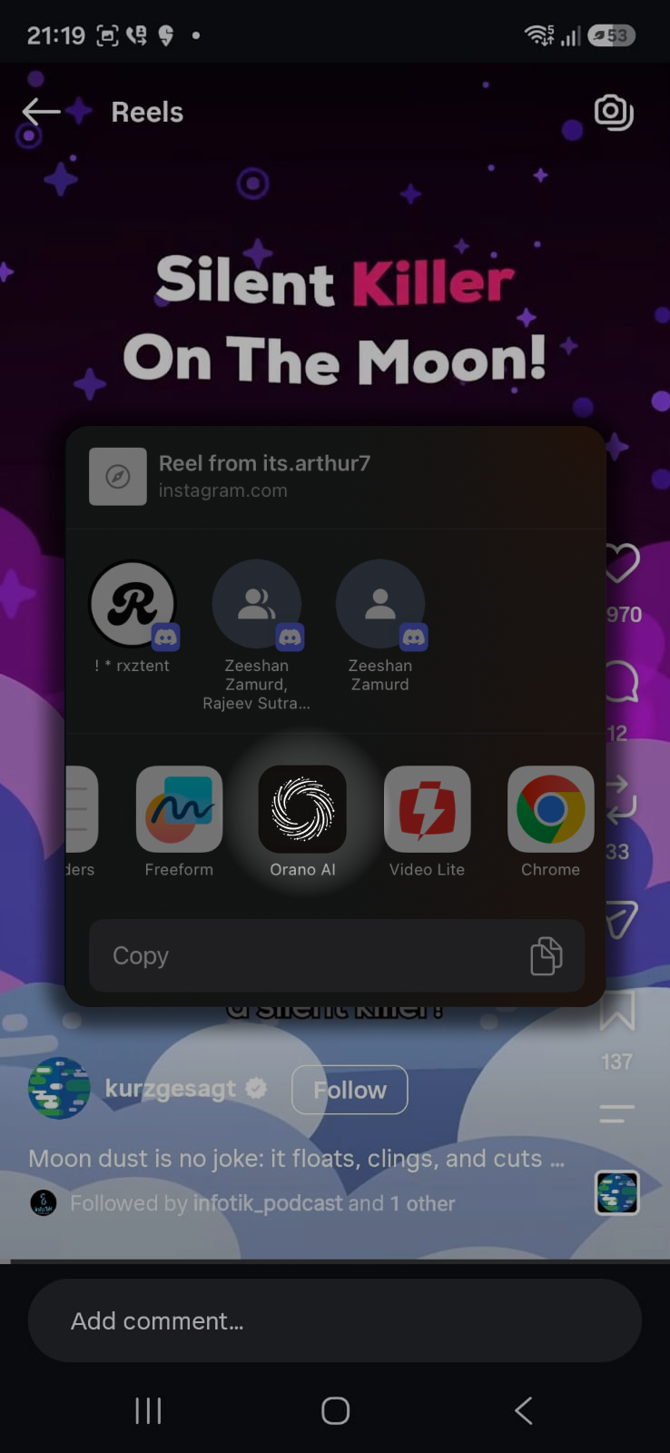 ORANO Android share flow from an Instagram Reel