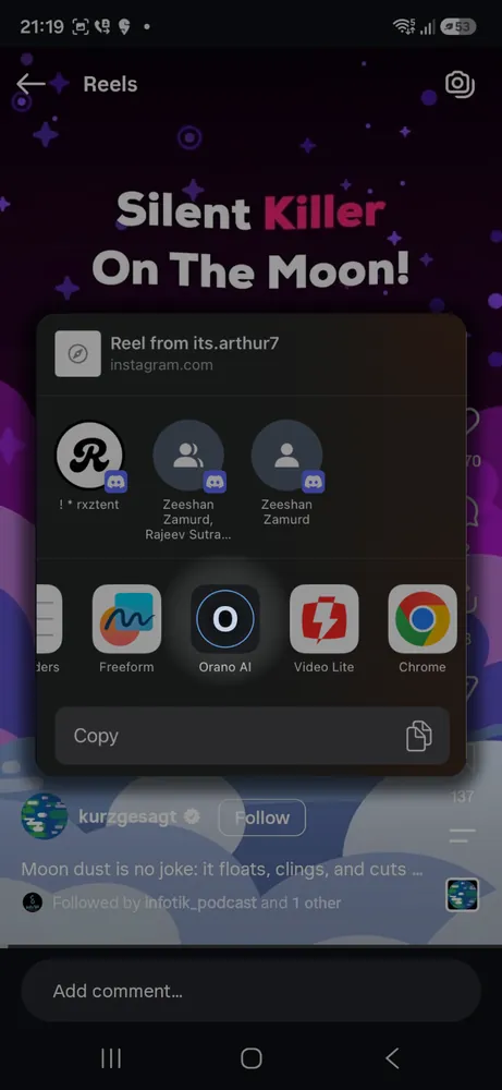 ORANO Android share flow over an Instagram Reel
