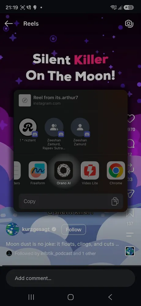 ORANO Android share flow from an Instagram Reel